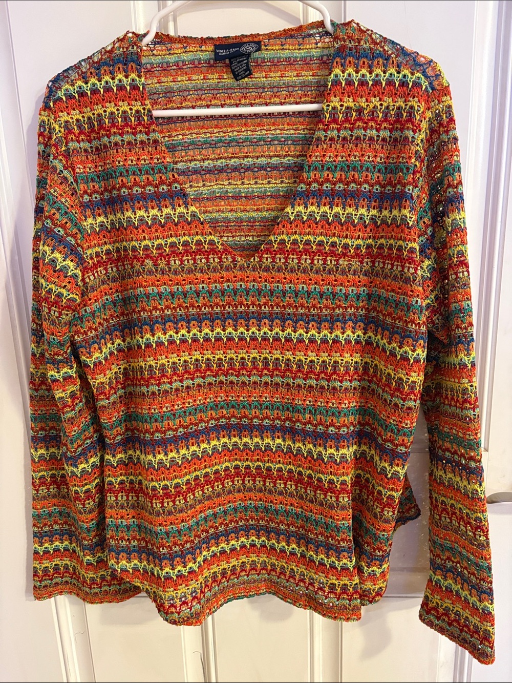 Multicolor V-Neck Crochet Knit Top - Women